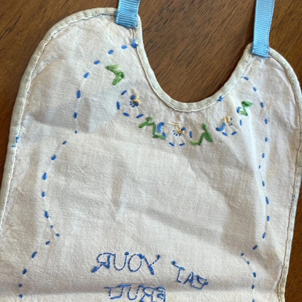 Embroidered Baby Bib Blue and White Child eat your fruit Vintage Handmade